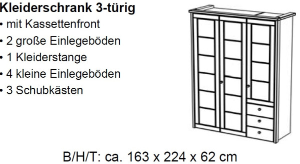 Kleiderschrank Vita 3-türig ohne Spiegel Kiefer gebeizt